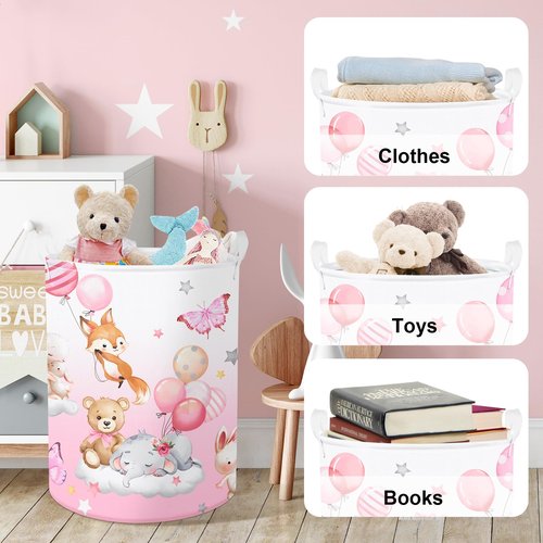 Clastyle 45L Hot Air Balloon Animal Laundry Basket Blooming Flowers Balloon Baby Nursery Basket Elephant Fox Bunny Basket Toy Clothes Pink Storage Basket for Girl Room Decor