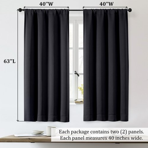 OWENIE Sally Blackout Curtains for Bedroom 63 Inch Length 2 Panels Set, Solid Thermal Insulated Room Darkening Rod Pocket Privacy Window Treatment Curtains Blackout Drapes, W40 x L63 Inch, Black