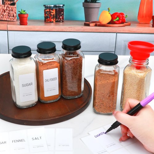 15 Pack 8oz Glass Spice Jars with Grinders, Square Spice Bottles with Deeper Shaker Lids & Airtight Metal Caps, Seasoning Containers with Labels for Spice Organization, Fits Cabinet, Spice Rack