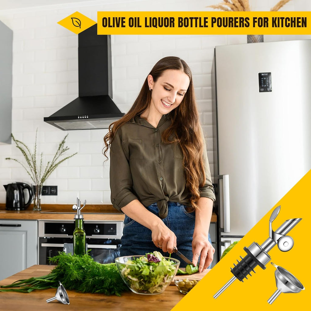 Tioncy 4 Pieces Weighted Stainless Steel Pourers Olive Oil Spout Olive Oil Dispenser Spout Automatic Opening and Closing with Funnel and Brush for Pouring Wine Syrup Kitchen(Silver)