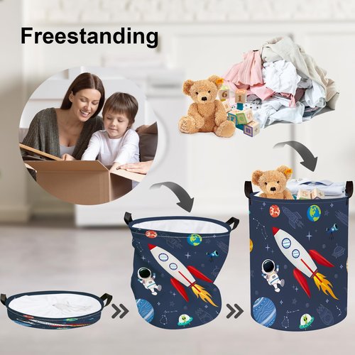 Clastyle 63L Cosmic Astronaut Rocket Laundry Hamper for Boy Large Large Collapsible Dirty Clothes Kid Laundry Basket Dark Blue Toys Storage Basket with Lid, 15.7x19.7 in
