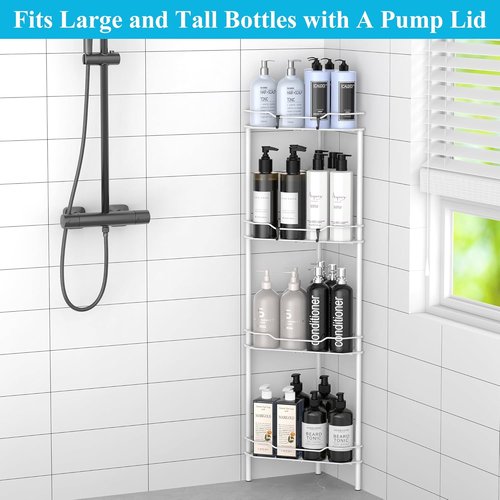 HuggieGems Corner Shower Caddy Organizer - 4 Tier Floor Standing Shelf with Hooks | White Bathroom Storage