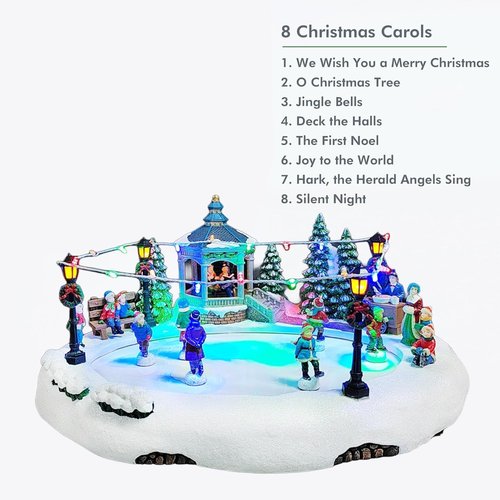 Moments In Time Animated Skating Pond - 7.28” LED Christmas Village Display with Moving Skaters, Lights & Music