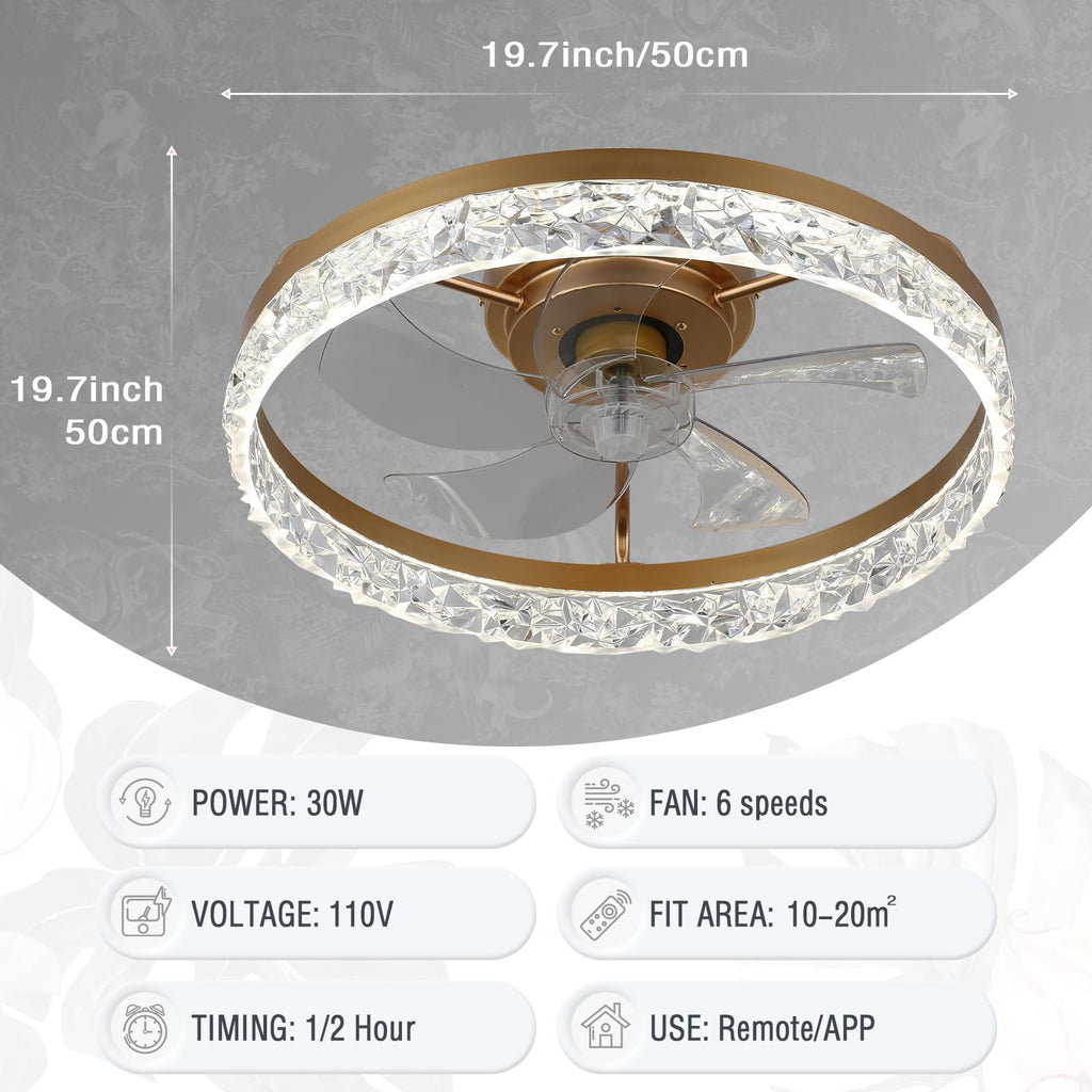 FRIXCHUR 19.7'' Dimmable Low Profile Ceiling Fan with Light，Fandelier Ceiling Fan Flush Mount, 6 Wind Speeds 3 Colours Black Modern Ceiling Fans with Lights for Bedroom