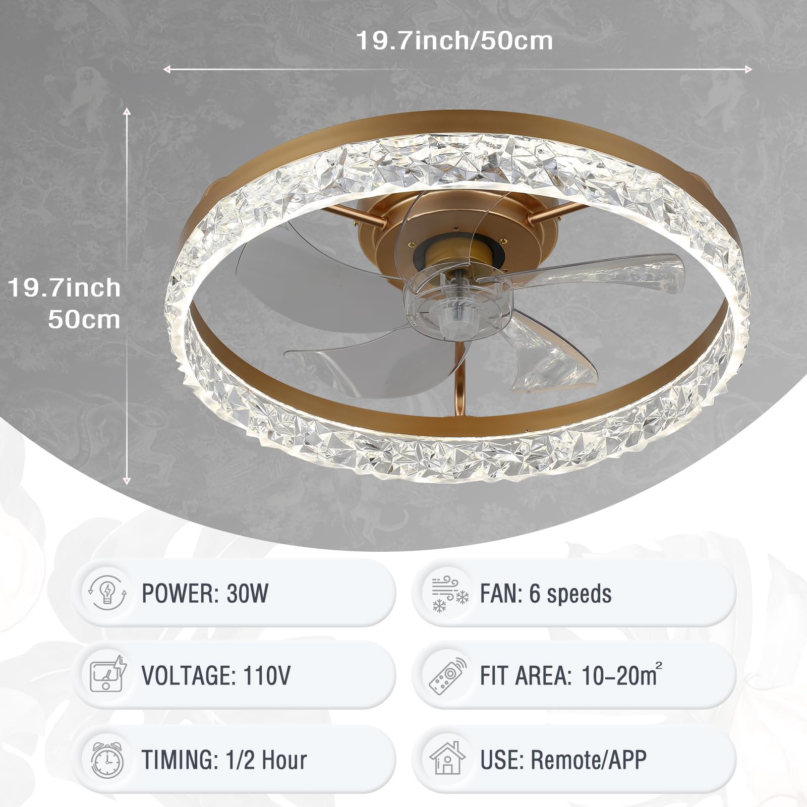 FRIXCHUR 19.7'' Dimmable Low Profile Ceiling Fan with Light，Fandelier Ceiling Fan Flush Mount, 6 Wind Speeds 3 Colours Black Modern Ceiling Fans with Lights for Bedroom