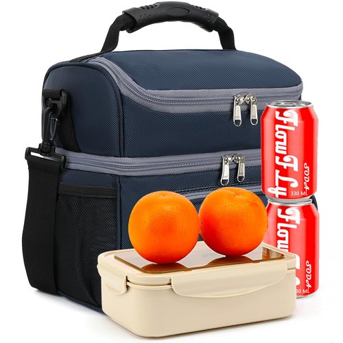 FlowFly Double Layer Cooler Insulated Lunch Bag Adult Lunch Box Large Tote Bag for Men, Women, With Adjustable Strap,Front Pocket and Dual Large Mesh Side Pockets,Cyan