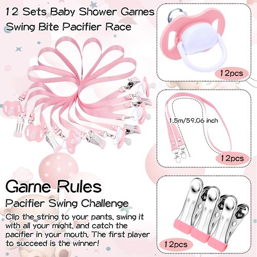Geelin 12 Sets Swing Pacifier Baby Shower Games Funny Gender Reveal Games, Include 1 Wooden Sign and 12 Plastic Pacifiers for Bridal Baby Shower Gender Reveal Party Women Men(Bear,Pink)
