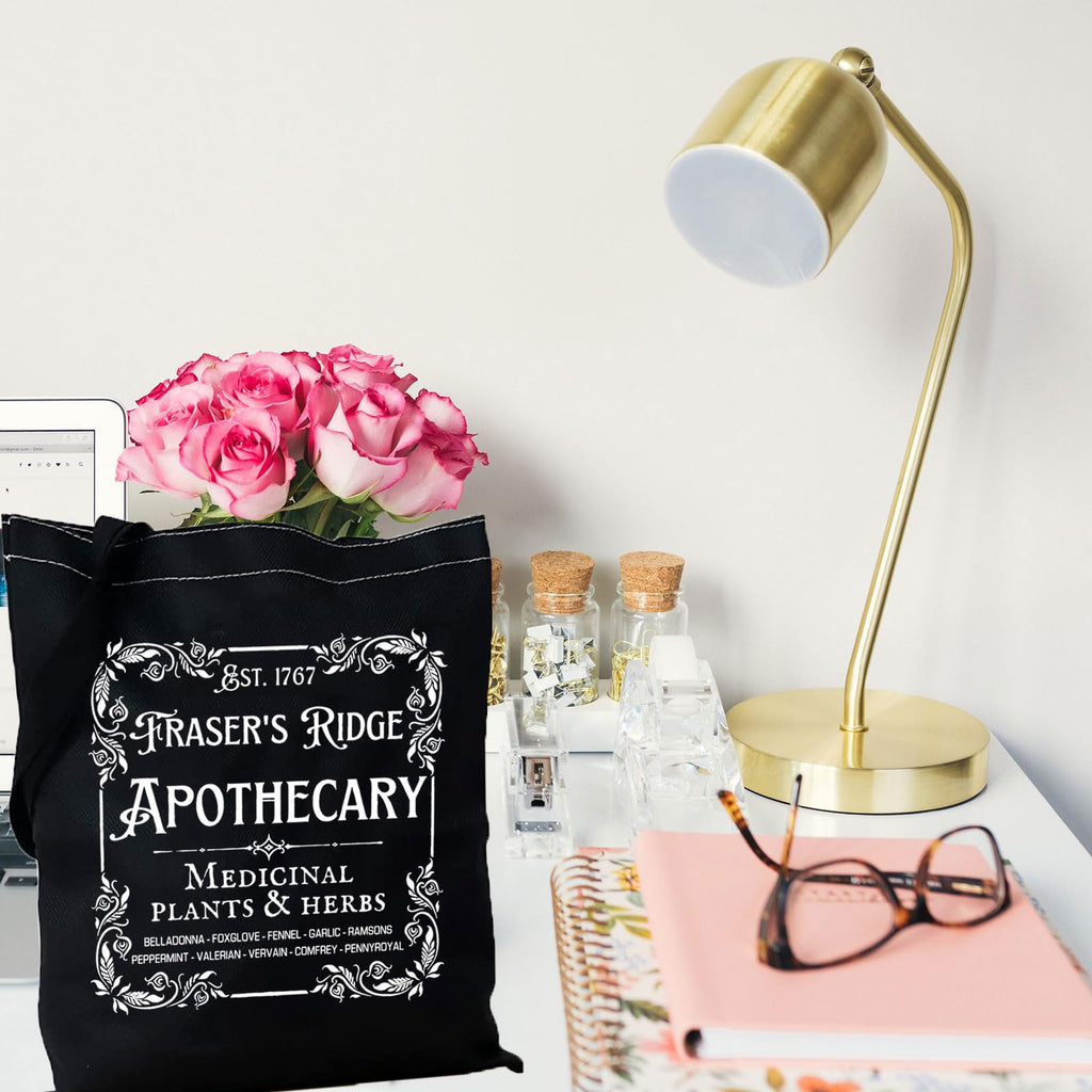 Tv Show Inspired Gift Book Merchandise Fraser's Ridge Apothecary Est. 1767 Tote Bag for Jamie Fraser Fans (Fraser’s Ridge ToteBLK)
