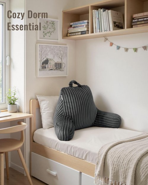 Blissful Diary Reading Pillow for Sitting in Bed, Flannel Back Pillow Bed Sitting Up for Adult & Children, Backrest Cushion for Sit Up in Couch or Floor, Dorm Essentials, Dark Gray
