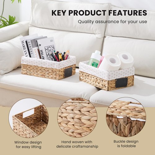 rectangular hyacinth wicker baskets with liners for storage, kitchen, laundry 12x9x5 iNCHES (Natural, 12x9x5 Inches)