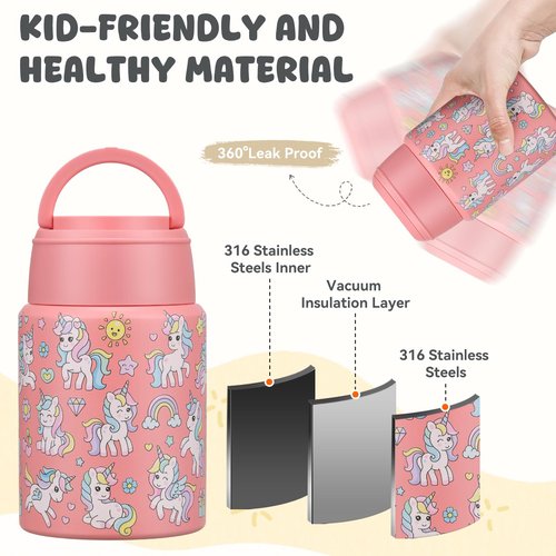 Aimsnk 17oz Soup Thermo for Hot Food Kids Insulated Food Jar,Thermo Hot Food Lunch Container, Width Mouth Stainless Steel Lunch Box for Kids with Handle Folding Spoon (Pink-Unicorn)