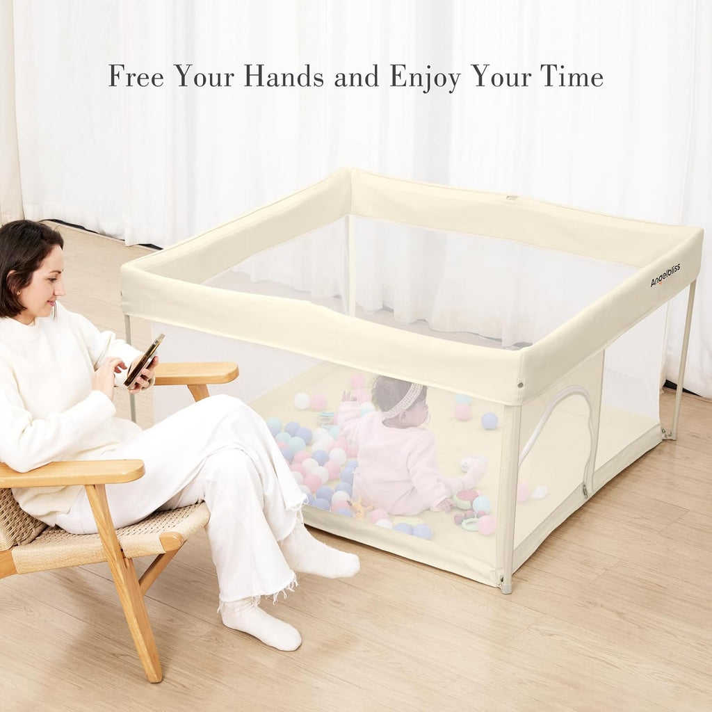 Skiennix Foldable Baby Playpen - Portable 50" x 50" Play Yard with Breathable Mesh & ASTM F406 Certified (Beige)