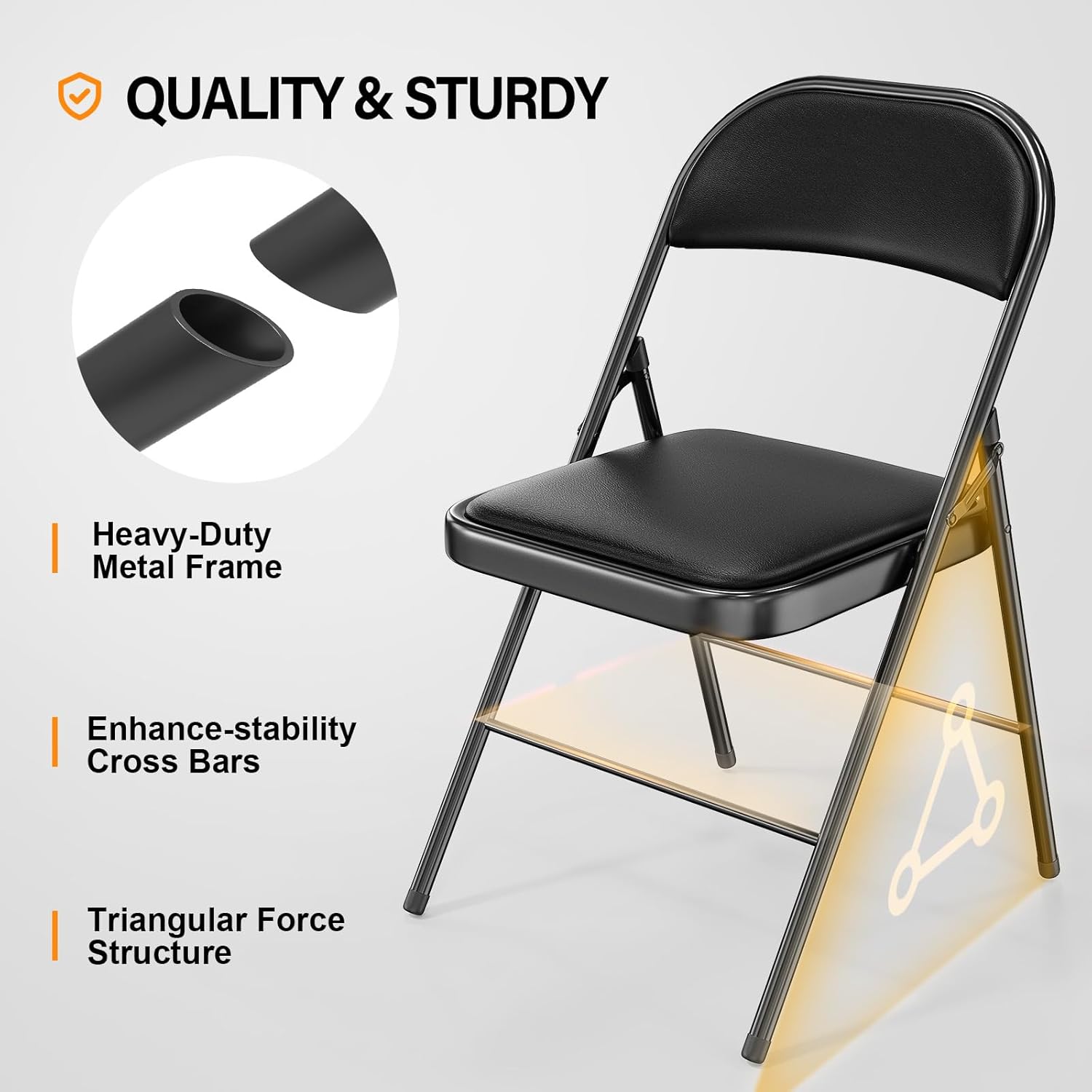 VINGLI Folding Chairs - 6 Pack with Padded Seats & Metal Frame - 350 lbs Capacity, Black