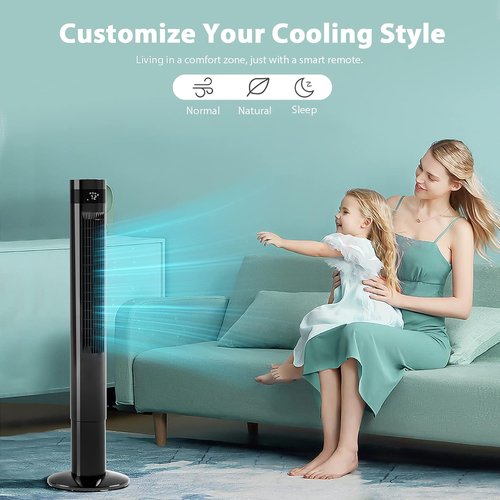 Antarctic Star Tower Fan - Portable 43'' Bladeless Oscillating Fan with Remote Control | Quiet Cooling, 12H Timer, 3 Speeds, Black