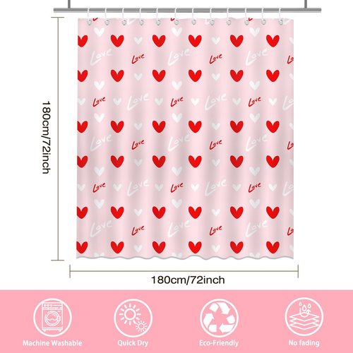 Mocsicka Valentines Shower Curtain Pink Red Heart Bathroom Shower Curtain Valentine Love Hearts Shower Curtains Bathtub Decor with 12 Hooks 72x72 Inches