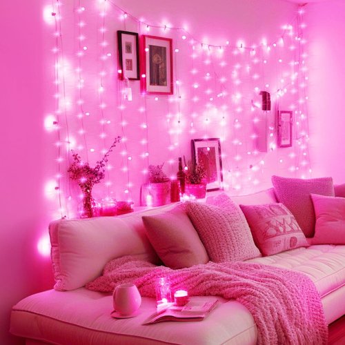 Minetom 300 LED Curtain Lights - Dimmable Fairy Lights with Remote & Timer | USB Powered Pink Indoor Decor