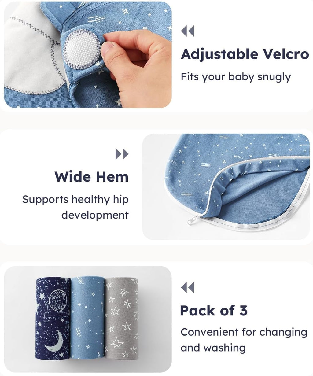 Unnivoll Baby Swaddles - 100% Cotton Newborn Swaddle Sack with Zipper | 3 Pack for 0-3 Months, Blue Planet