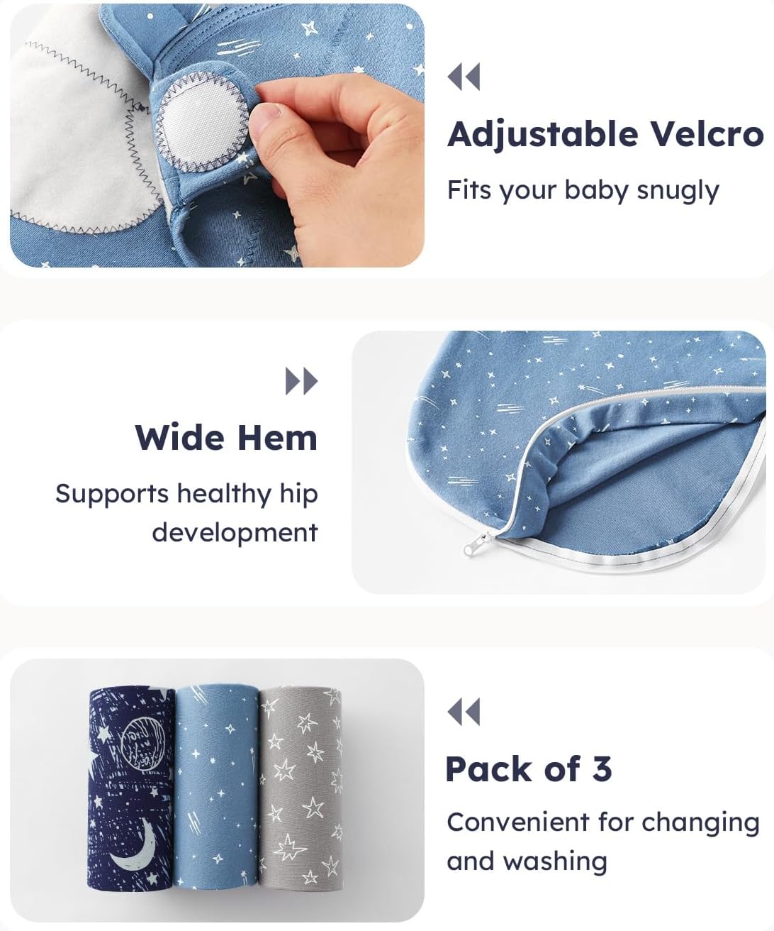 Unnivoll Baby Swaddles - 100% Cotton Newborn Swaddle Sack with Zipper | 3 Pack for 0-3 Months, Blue Planet