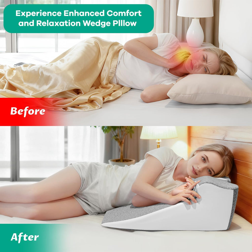 Skiennix Bed Wedge Pillow - Ergonomic Memory Foam Support for Sleep Apnea & Reading - Grey