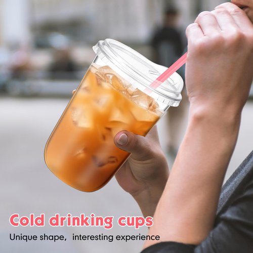 Ziliny 50 Sets Clear Plastic Cups with Heart Shaped Pink Straws and Strawless Lids Disposable Round Bottom PET Cups for Iced Coffee Cold Beverage Party Wedding Bridal Shower (Clear,16 oz)