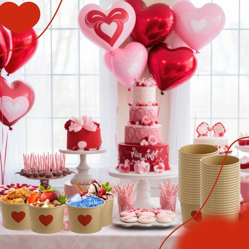 Hsei 60 Pcs 16oz Valentine's Day Disposable Soup Bowls Heart Ice Cream Cups Snack Paper Bowls Dessert Sundae Yogurt Cups Hot Cold Drink for Holiday Party Supplies