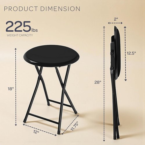 Lavish Home Folding Bar Stool | Set of 2 Heavy-Duty 18-Inch Stools with Padded Seats - 225lb Capacity (Black)