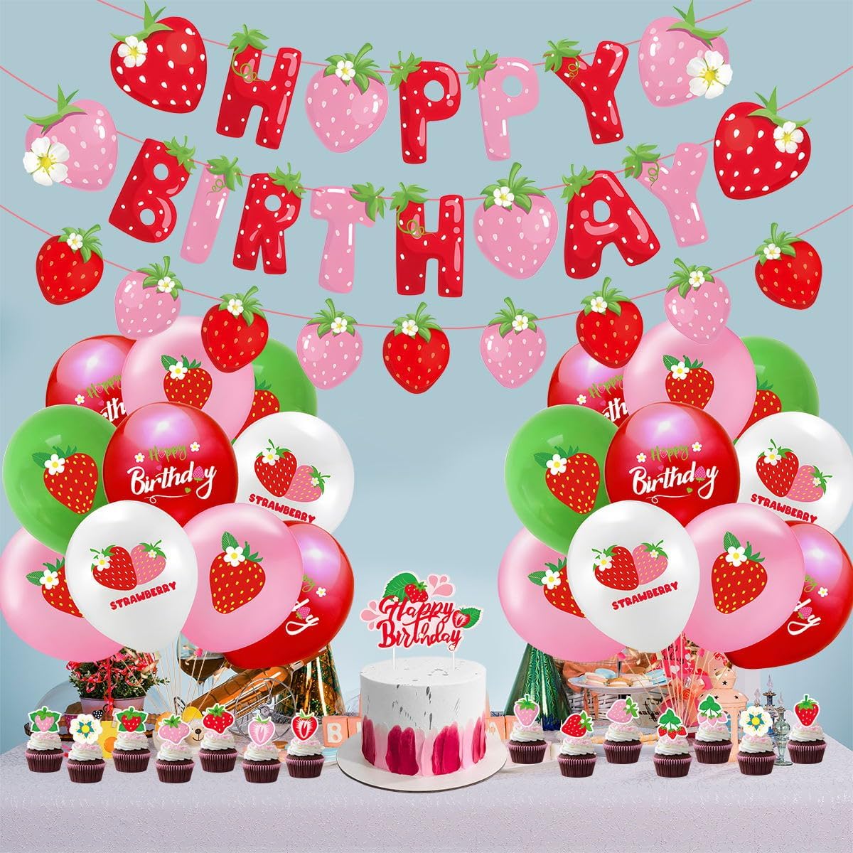 Strawberry Party Decoration Set - Balloons & Cake Toppers for Girls' Birthday | Fruit Theme Supplies