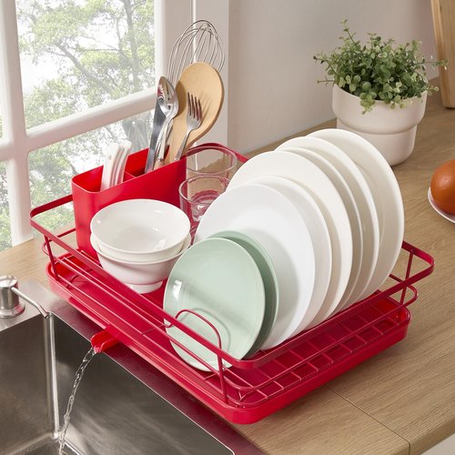 Dish Drying Rack 3 Piece Dish Drainer with Drainboard Set for Kitchen Counter ✅– Dish Rack with Removable Utensil Holder & Swivel Spout for Countertop ✅– DishRack for Plates, Cups & Organization, Red