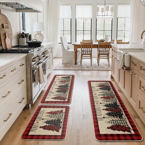 Artoid Mode Red Xmas Trees Buffalo Plaid Merry Christmas Kitchen Mats Set of 3, Winter Decor Low-Profile Kitchen Rugs for Floor - 24"x35"+24"x59"+24"x72"