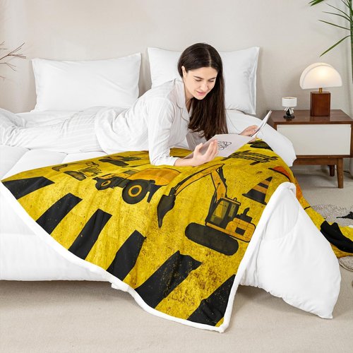 Erosebridal Excavators Flannel Blanket Equipment Trucks Sherpa Blanket Construction Tractor Throw Blanket, Yellow Vehicle Fuzzy Blanket for Kids Boys Teens, Kids Car Theme Room Throw Size