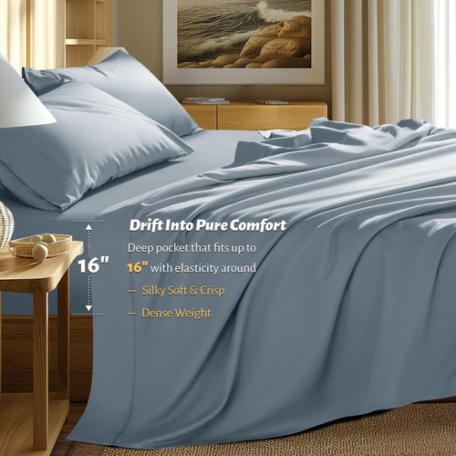 Shilucheng 100% Egyptian Cotton King Size Sheets Set - 1000 Thread Count，Luxury Cotton Bed Sheets，Breathable & Cooling Bedding and Pillow Cases, 16 Inch Deep Pocket - 4 Piece (French Blue, King)