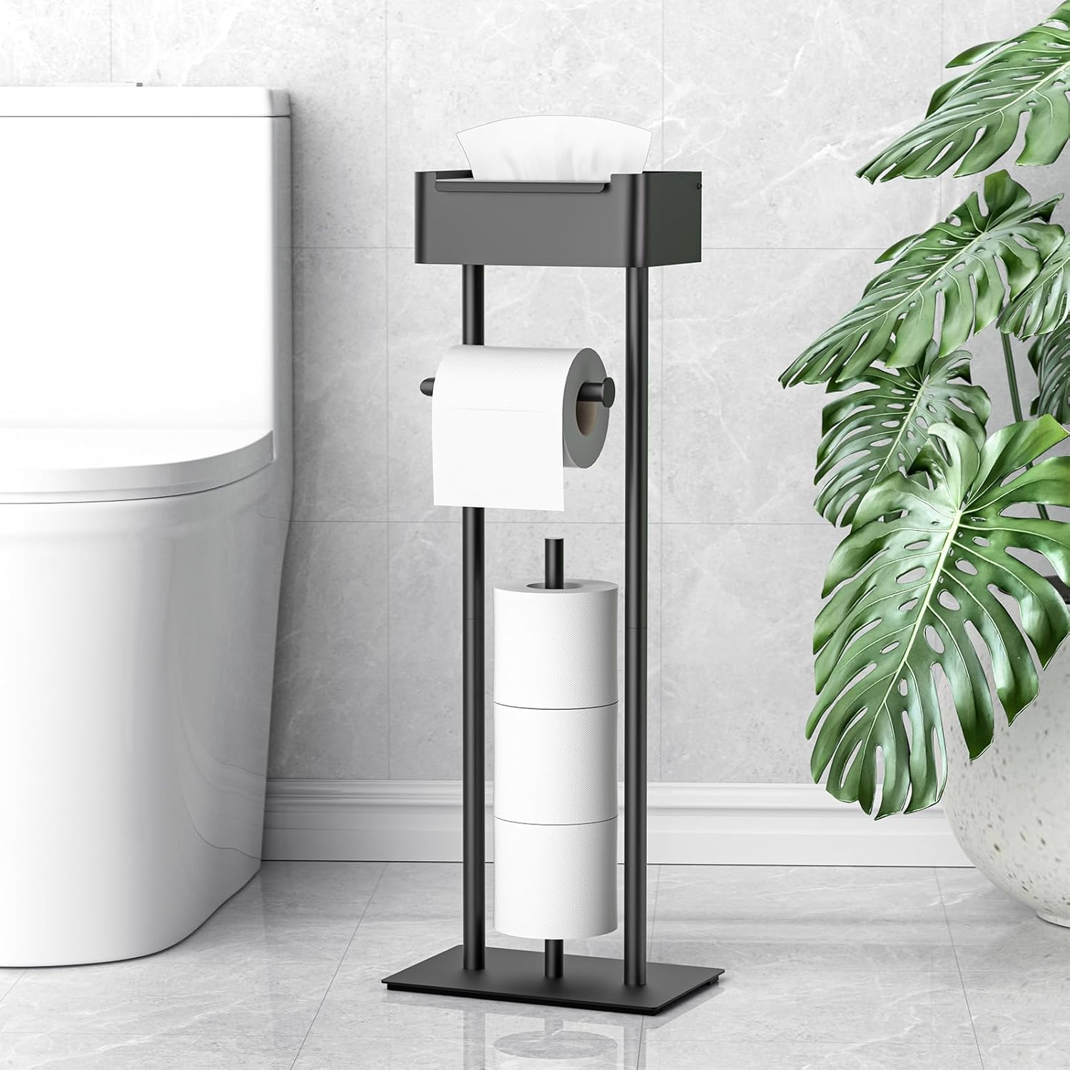 Skiennix Free Standing Toilet Paper Holder - Stylish Bathroom Organizer with Shelf for 4 Rolls | 29.7" x 12.6" (Matte Black)