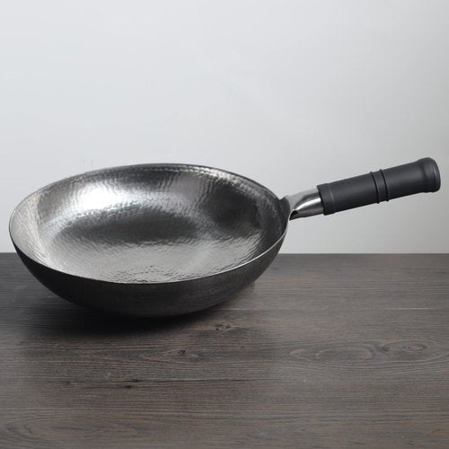 Mecete Wok pan 5th Generation, Traditional Hand Hammered Uncoated Carbon Steel Pow Wok with one piece Steel Handle one piece pan (13.3 Inch, Round Bottom) 1.8 mm thickness