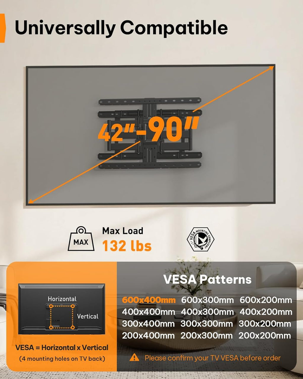 Perlegear Ultra Slim TV Wall Mount - Full Motion Bracket for 42-90" TVs | Fits 16"/24" Studs, Max VESA 600x400mm, Holds 132lbs