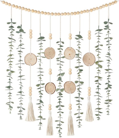 Dahey Hanging Artificial Plant Eucalyptus Wall Decor 31'' Wooden Bead Garland with Fake Greenery Leaves Boho Rustic Farmhouse Wall Art for Living Dining Room Bathroom Bedroom Kitchen Decoration