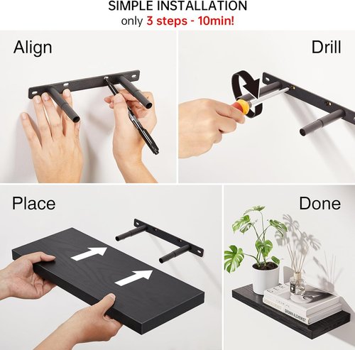 BAYKA Floating Shelves - Rustic Wall-Mounted Wood Shelves for Home Decor | Set of 3, 15.7in, Black