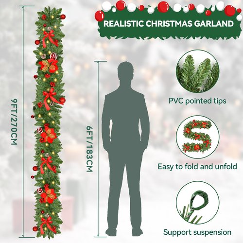 Christmas Garland with Lights 9FT Timer Prelit Garland Battery Operated Outdoor Indoor Christmas Decorations 30 LEDs Lighted Garland for Stairs Railing Fireplace Mantle Front Door Home Holiday Decor