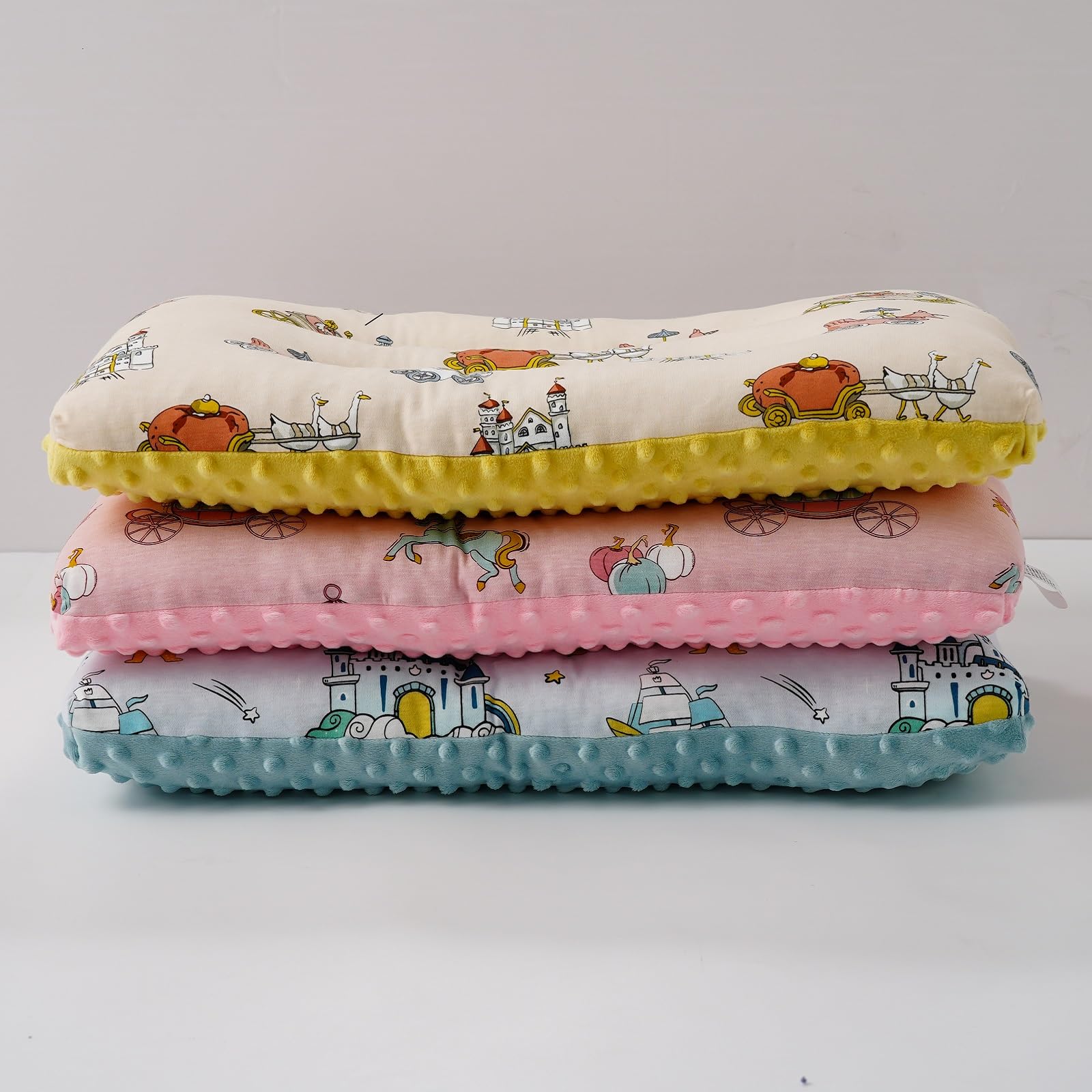 Reidio 1Pcs Toddler Pillow Double Sided Breathable Soft Cotton & Minky Dot Fabric Kids Pillow Cute Small Pillow Machine Washable (Pink Carriage)