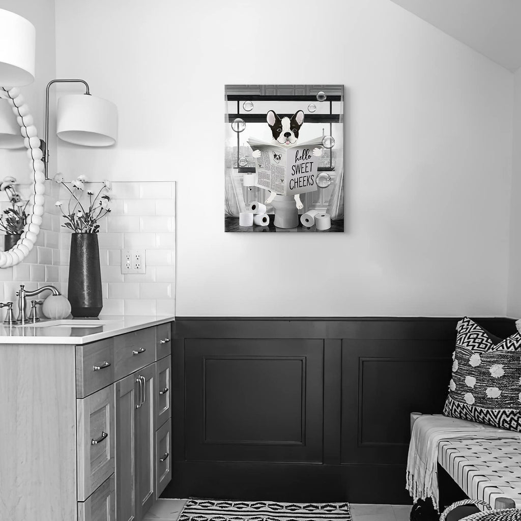 Parylore Funny Bulldog Wall Art Black and White Dog Bathroom Print Farmhouse Bathroom Animals Wall Decor Dog Sitting in Toilet Reading Newspaper Painting Framed Artwork for Toilet Bathroom 16x24 inch