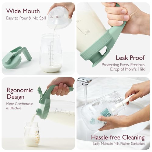 Momcozy Breast Milk Pitcher - No Leak Glass Storage Container | Heat & Cold Resistant, Wide Mouth, Green