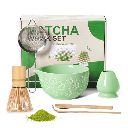 Matcha Whisk Tea Set Kit: Japanese Matcha Kit - Ceramic Bowl Bamboo Whisk Chasen Holder spoon Measuring Scoop Sifter - Traditional Practical for Tea Ceremony Breakfast Lattes - Home Kitchen Christmas