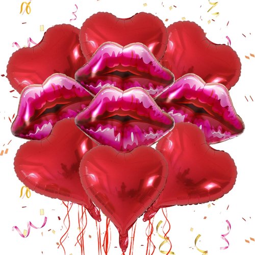 10Pcs Red Heart Ballons Lip Balloons Kiss Balloons with Ribbon for Valentine's Day Wedding Anniversary Love-Themed Parties Makeup Themed Party Kiss the Miss Goodbye Galentine's Day Decor