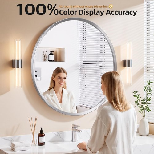 YYXW Brushed Nickel Round Bathroom Mirror for Wall, 24 inch Sliver Circle Mirror for Wall, New Frame Design, Tempered Glass,Wall Mounted Circle Mirror for Vanity, Entryway, Bedroom, Restroom