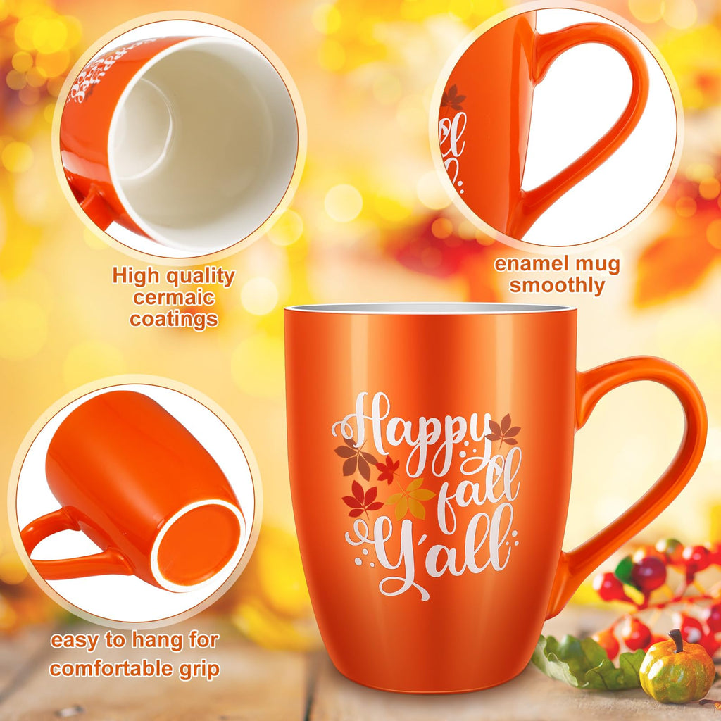 Funtery 4 Pcs Thanksgiving Coffee Mugs Fall Mugs Autumn Pumpkins Cups Happy Fall Y'all Coffee Mug Good Morning Pumpkin Cup Camp Mug Campfire Mug Ceramic Cup for Home Women Men Mom Dad (Orange,White)