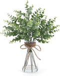 Coferset Eucalyptus Stems - Realistic Faux Plants in Glass Vase with Faux Water | 14" Sage Green Decor