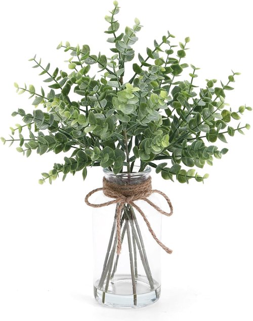 Coferset Eucalyptus Stems - Realistic Faux Plants in Glass Vase with Faux Water | 14" Sage Green Decor