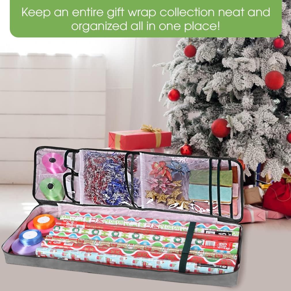Primode Christmas Wrapping Paper Storage Bag - Durable Gift Wrap Organizer with Pockets | 37” x 14” x 4” | Gray