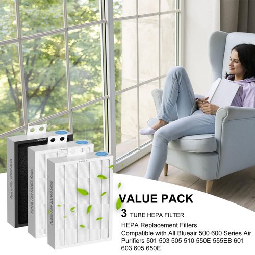 Ganteny 3-Pack Classic 500/600 Series HEPA Filter Replacement Compatible with Blueair Classic 500/600 Series Air Cleaner Purifiers 501 503 505 510 550E 555EB 601 603 605 650E Particle Filter