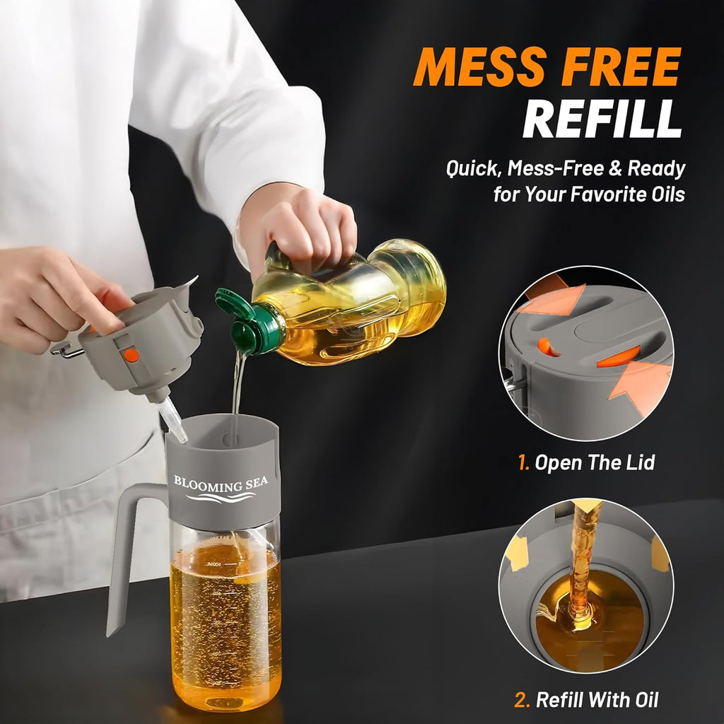 Skiennix 2-in-1 Oil Sprayer & Dispenser - 550ml Glass Olive Oil Bottle, BPA-Free, Leakproof, Gray