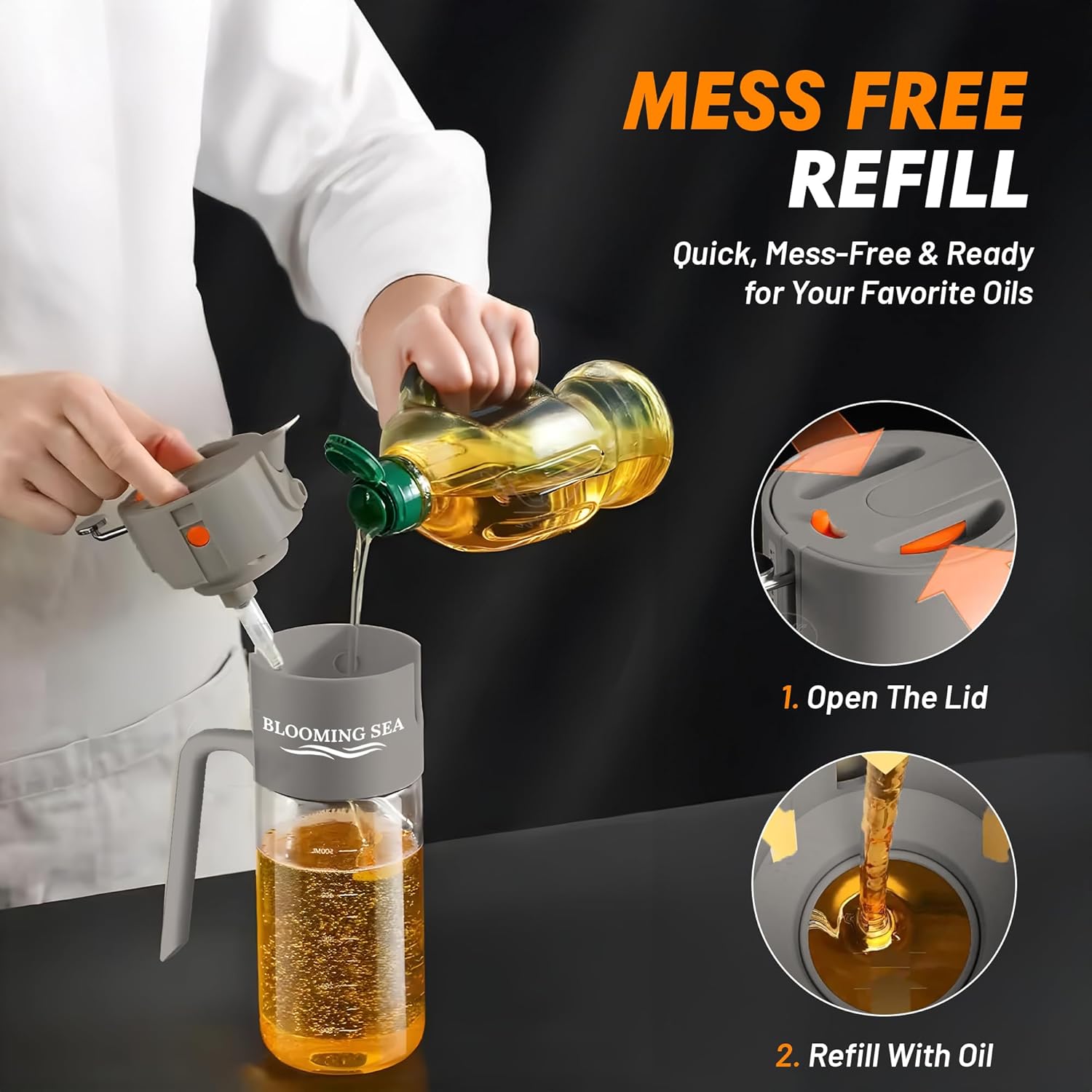 Skiennix 2-in-1 Oil Sprayer & Dispenser - 550ml Glass Olive Oil Bottle, BPA-Free, Leakproof, Gray